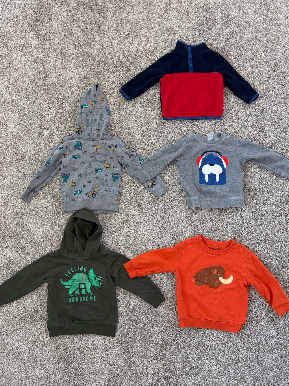 2T Baby Boy 5pc Fleece Hoodie & Sweatshirt Lot Multicolor Animals Construction